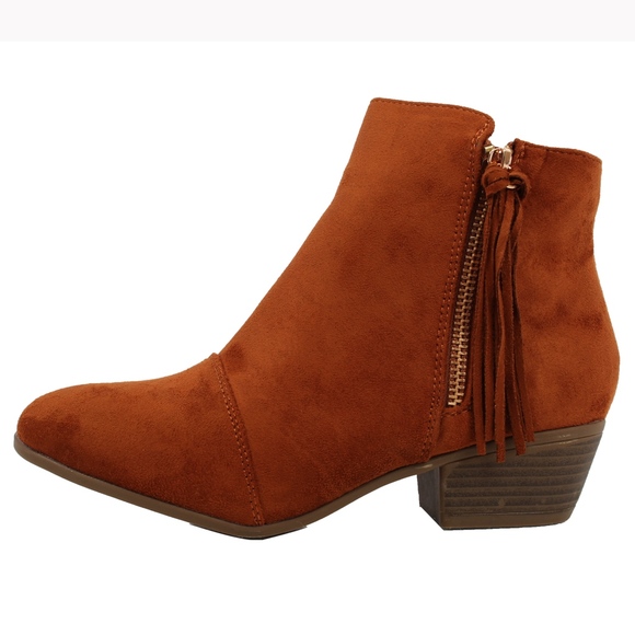 Shoes - Tan faux suede tassel fringe Low Heel ankle boot